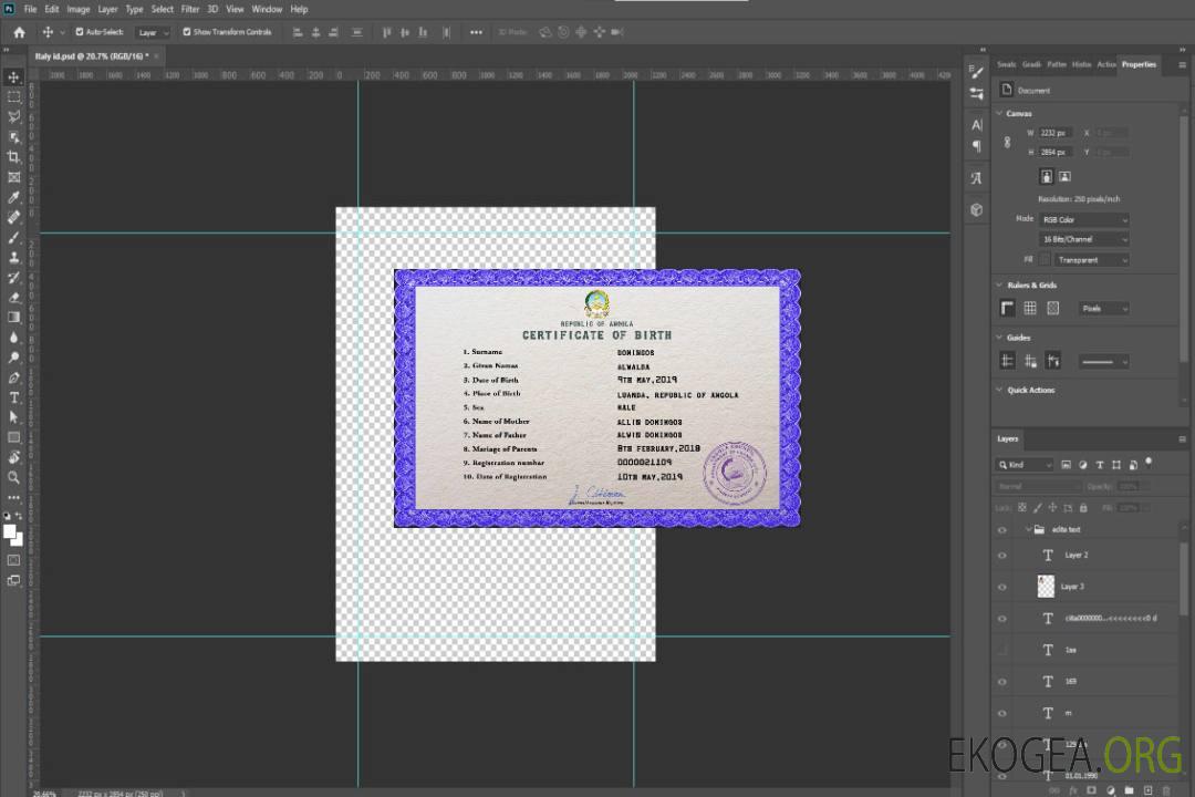 Modèle PSD de certificat de naissance de l'état civil de l'Angola template